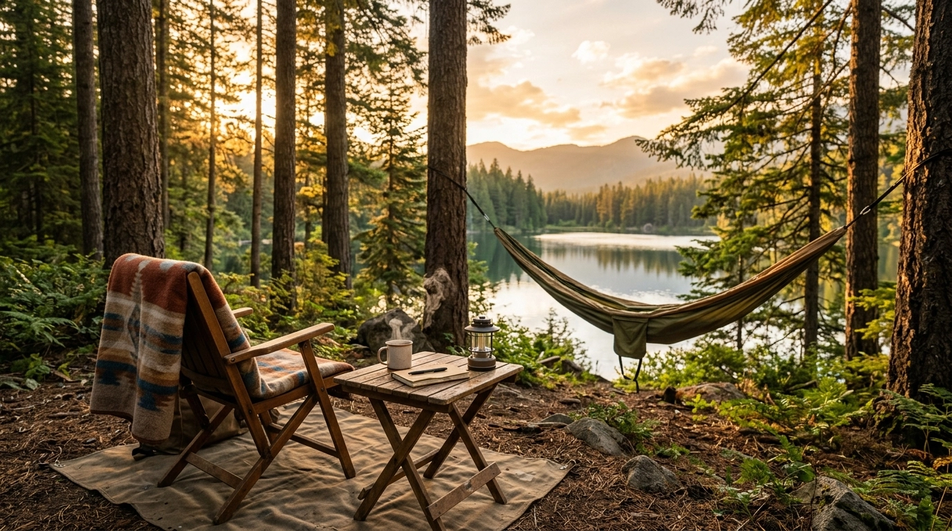 High-quality slow camping hero image at golden hour with a cozy chair, camp table, steaming coffee, and hammock beside a peaceful forest lake