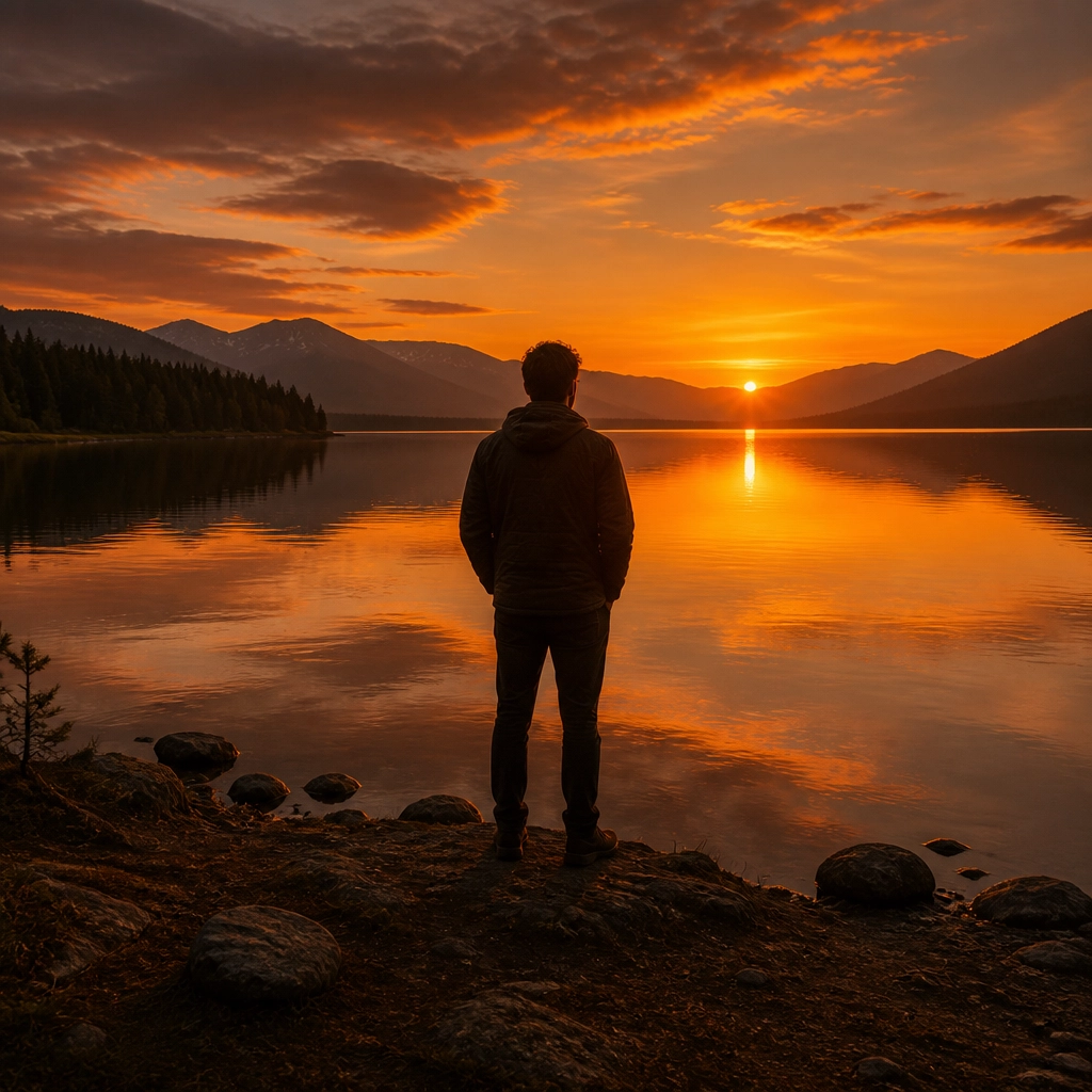 A person standing at the edge of a quiet lake during sunset, simply observing the landscape and enjoying the silence.