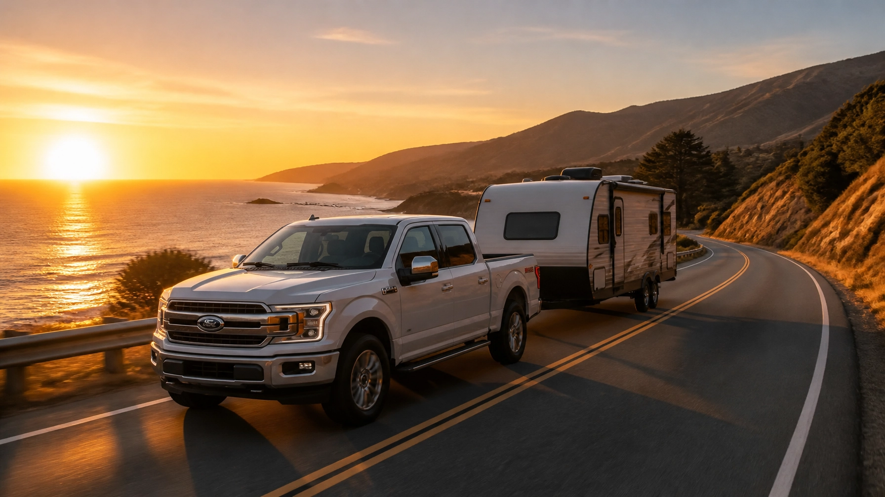 RV Towing on a scenic coastal highway