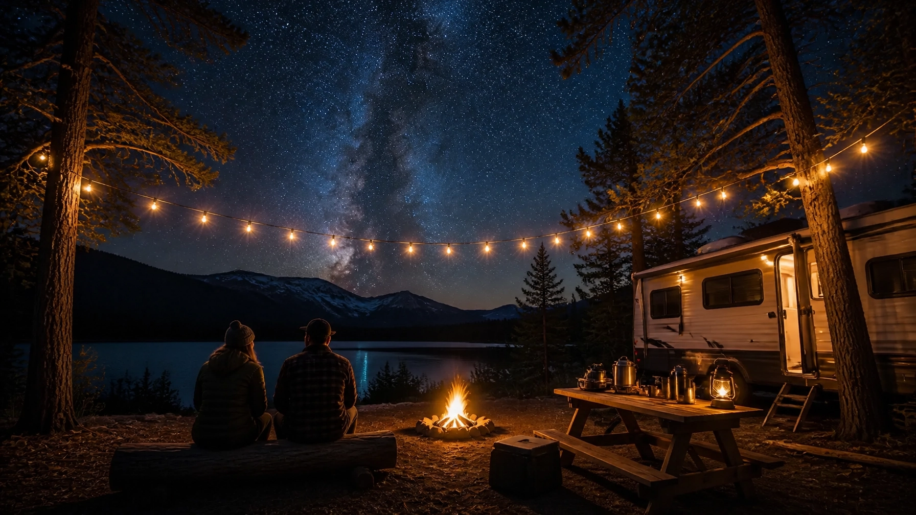 A cozy night scene at a campsite with warm string lights and two people looking up at a vast, star-filled sky.