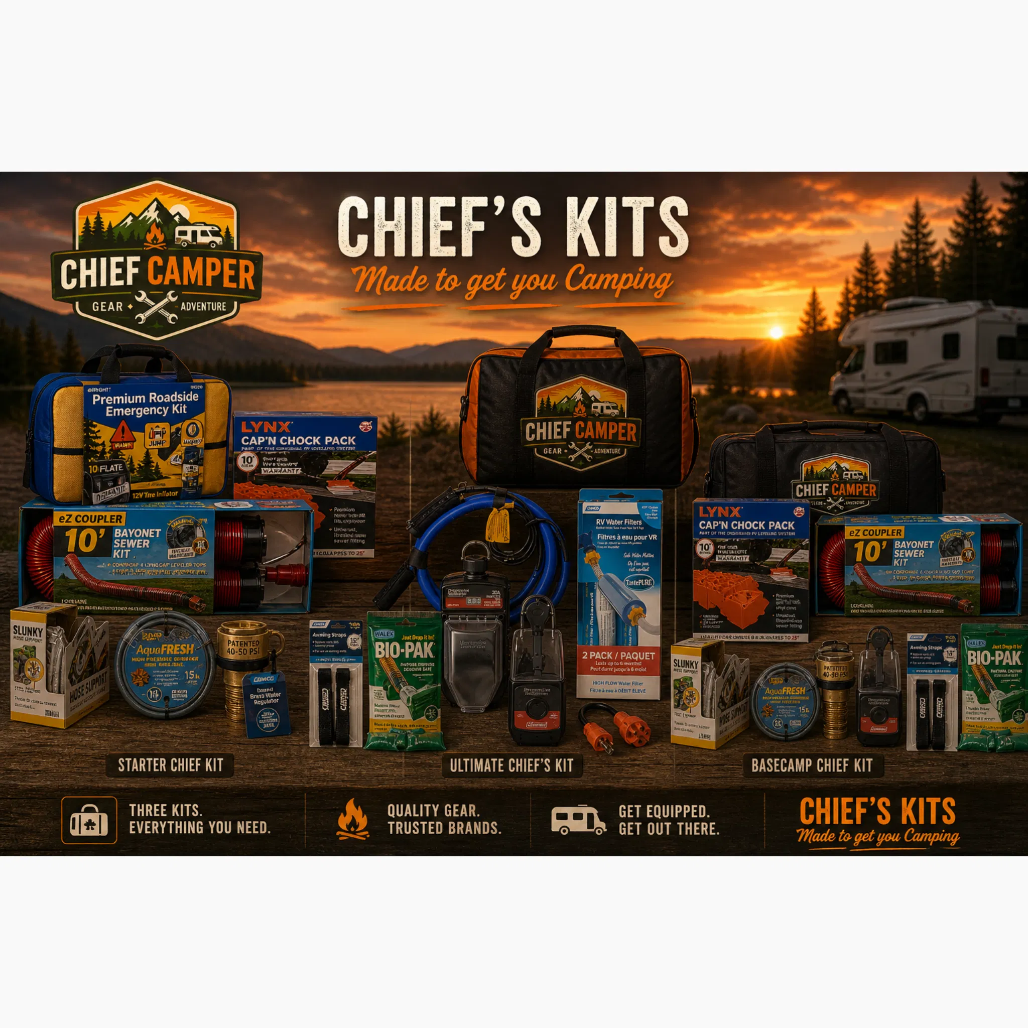chiefs-kits-product-line-sunset.webp Three comprehensive RV kits: Starter Chief Kit, Ultimate Chief’s Kit, and Basecamp Chief Kit: displayed outdoors at sunset.