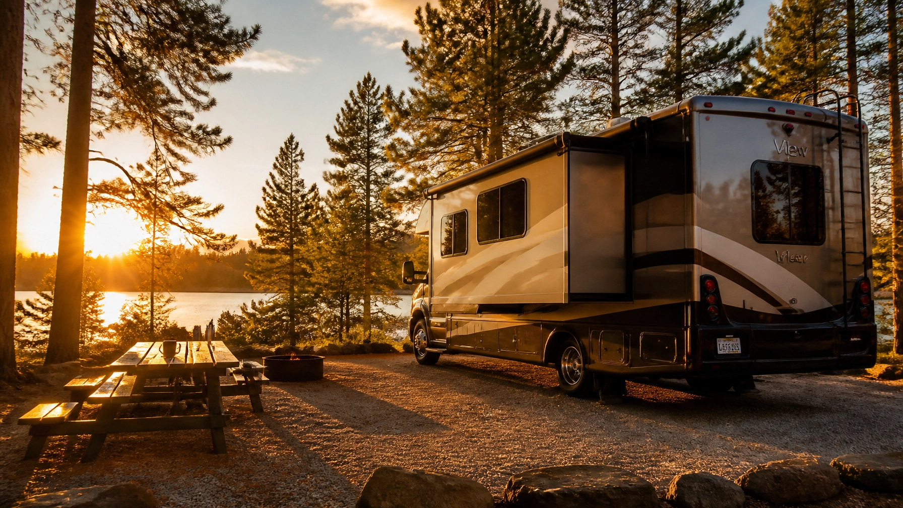 A modern RV parked at a beautiful campsite during golden hour