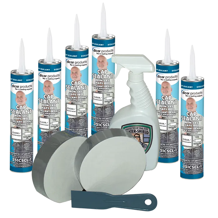 rv-roof-sealant-kit.webp Complete RV roof leak repair kit featuring eight tubes of Dicor Cap Sealant, a spray bottle of SealTite Water-Shield, two rolls of adhesive roof repair tape, and a plastic scraper.