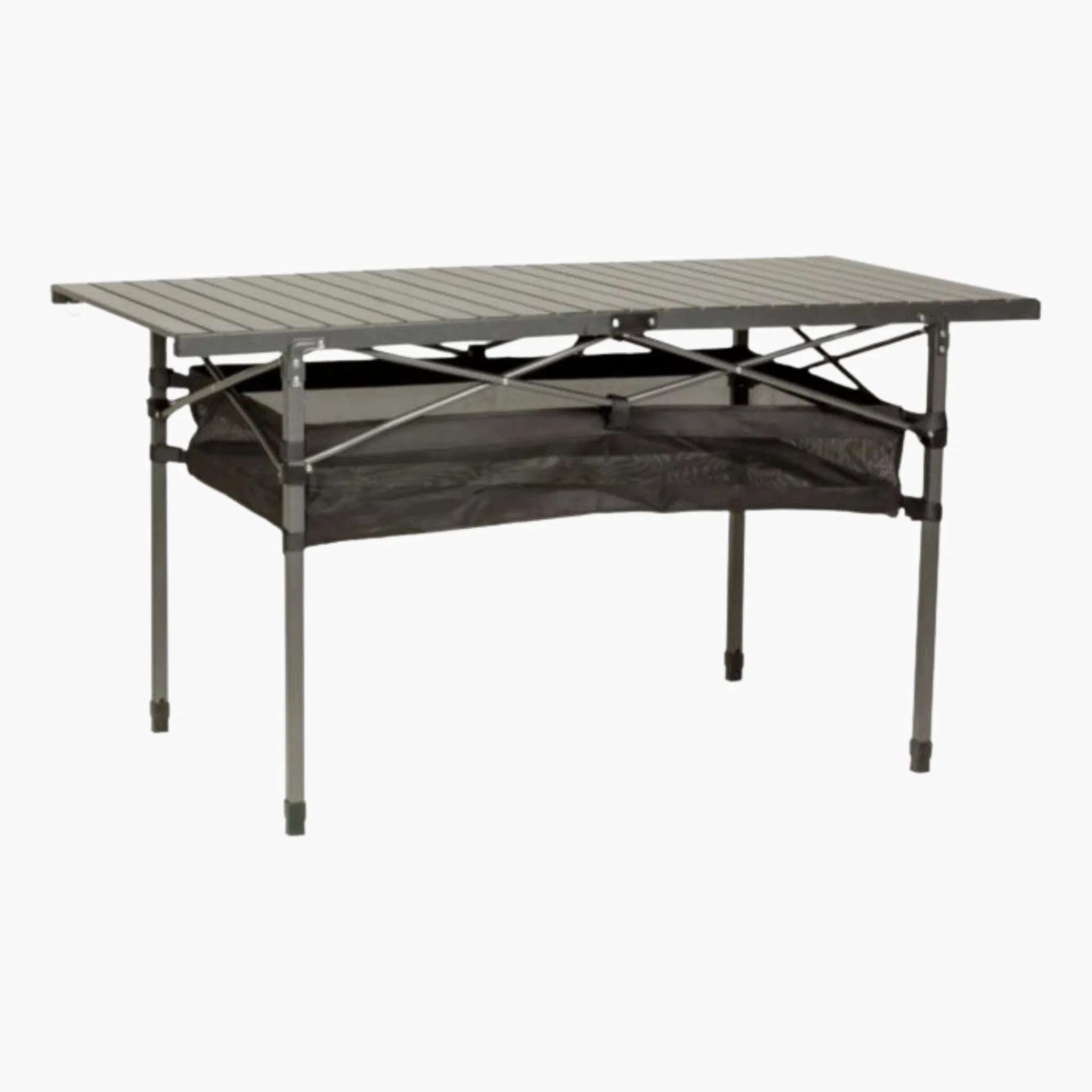 Folding Aluminum Camp Table featuring a lightweight, slatted tabletop and sturdy folding legs with mesh storage.