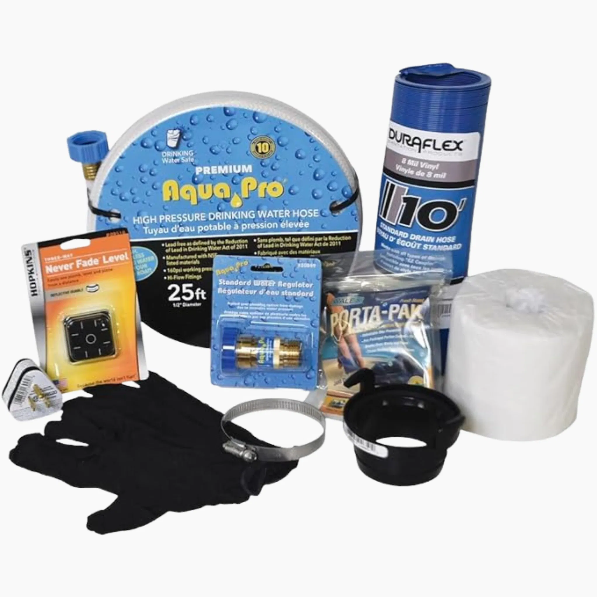 RV setup essentials including hoses and power adapters