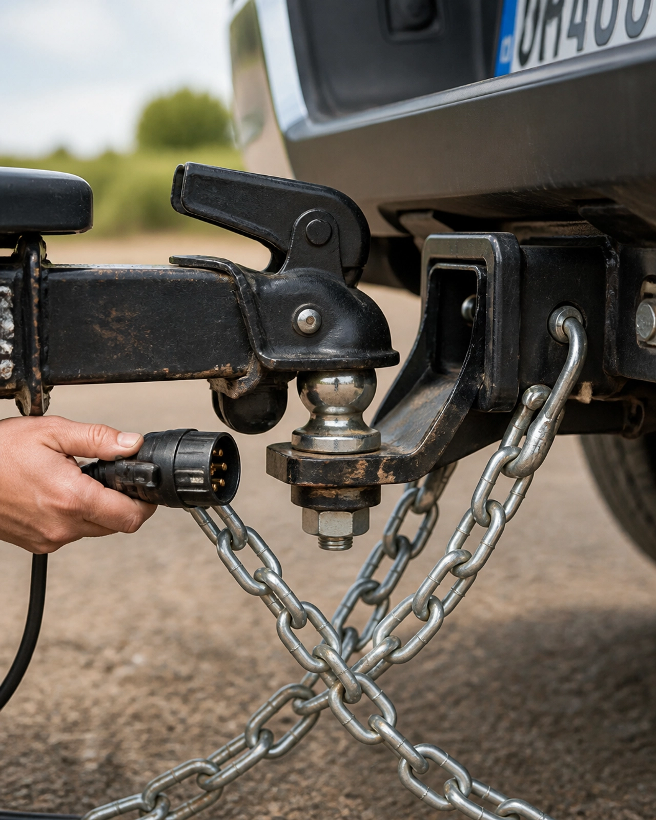 Close-up of a secure trailer hitch connection