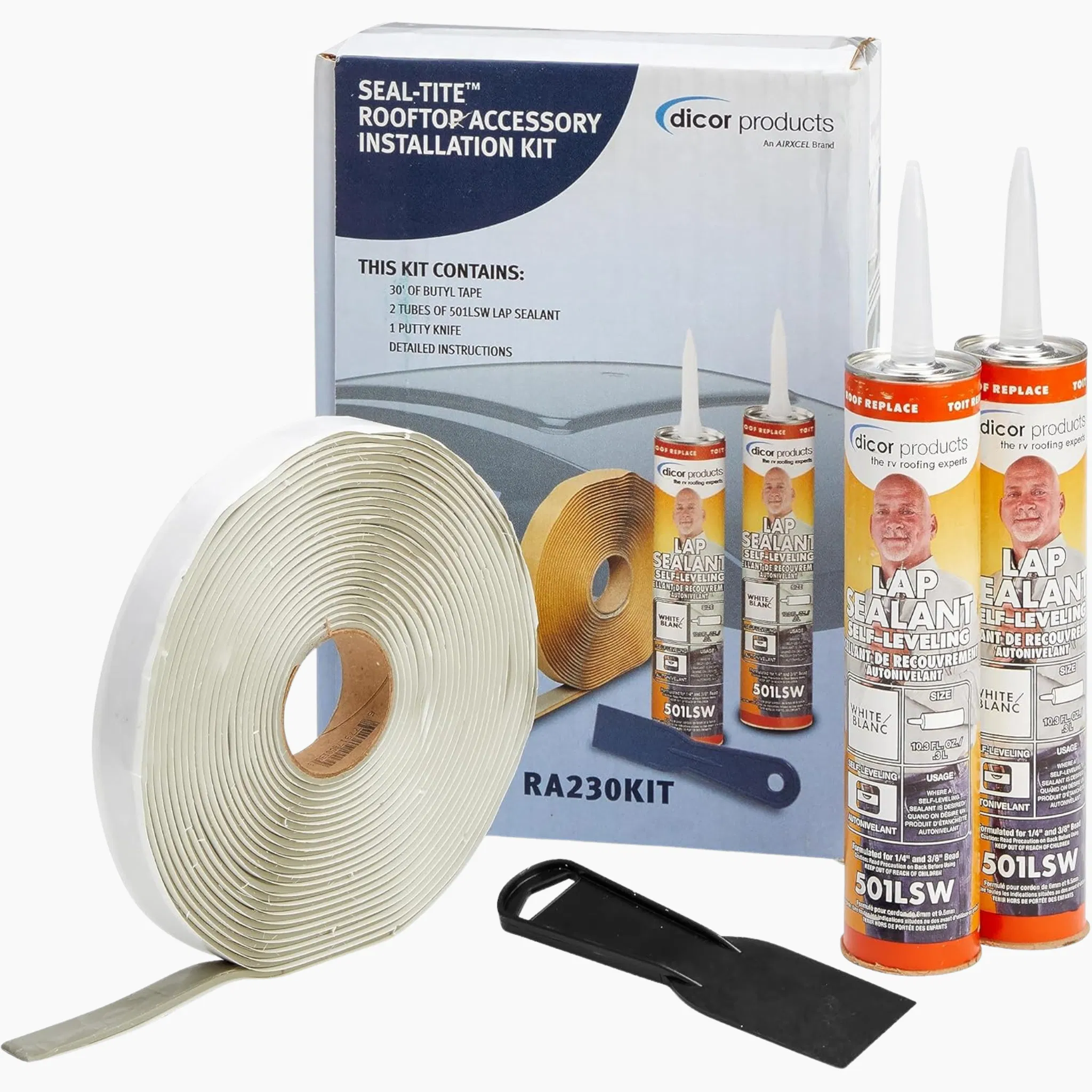 dicor-seal-tite-rooftop-accessory-installation-kit.webp Dicor Seal-Tite Rooftop Accessory Installation Kit includes 30 feet of butyl tape, two 501LSW lap sealant tubes, a putty knife, and detailed instructions.