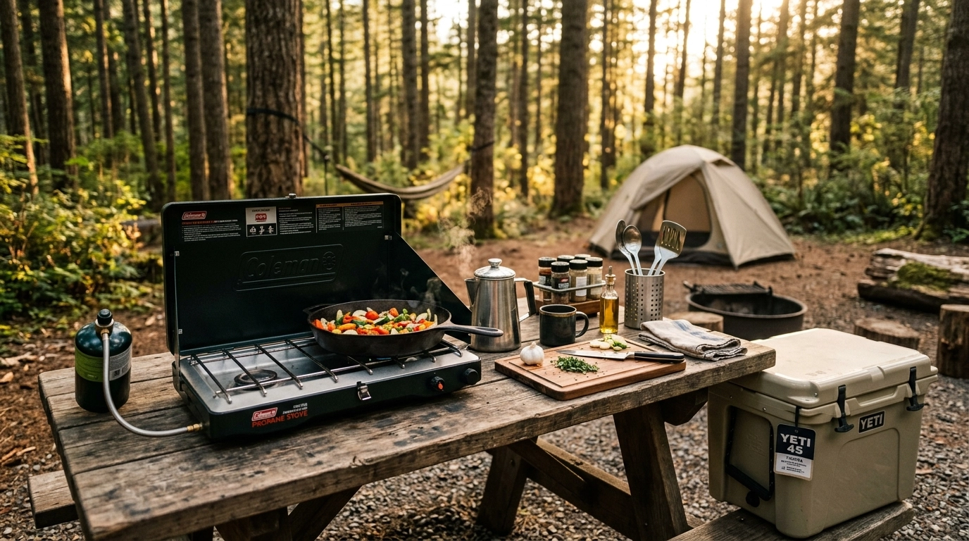 A high-quality photographic hero image of a modern campsite kitchen with a portable stove, cast iron skillet, fresh ingredients, and camp cooking essentials arranged on a wooden table in warm golden-hour light.