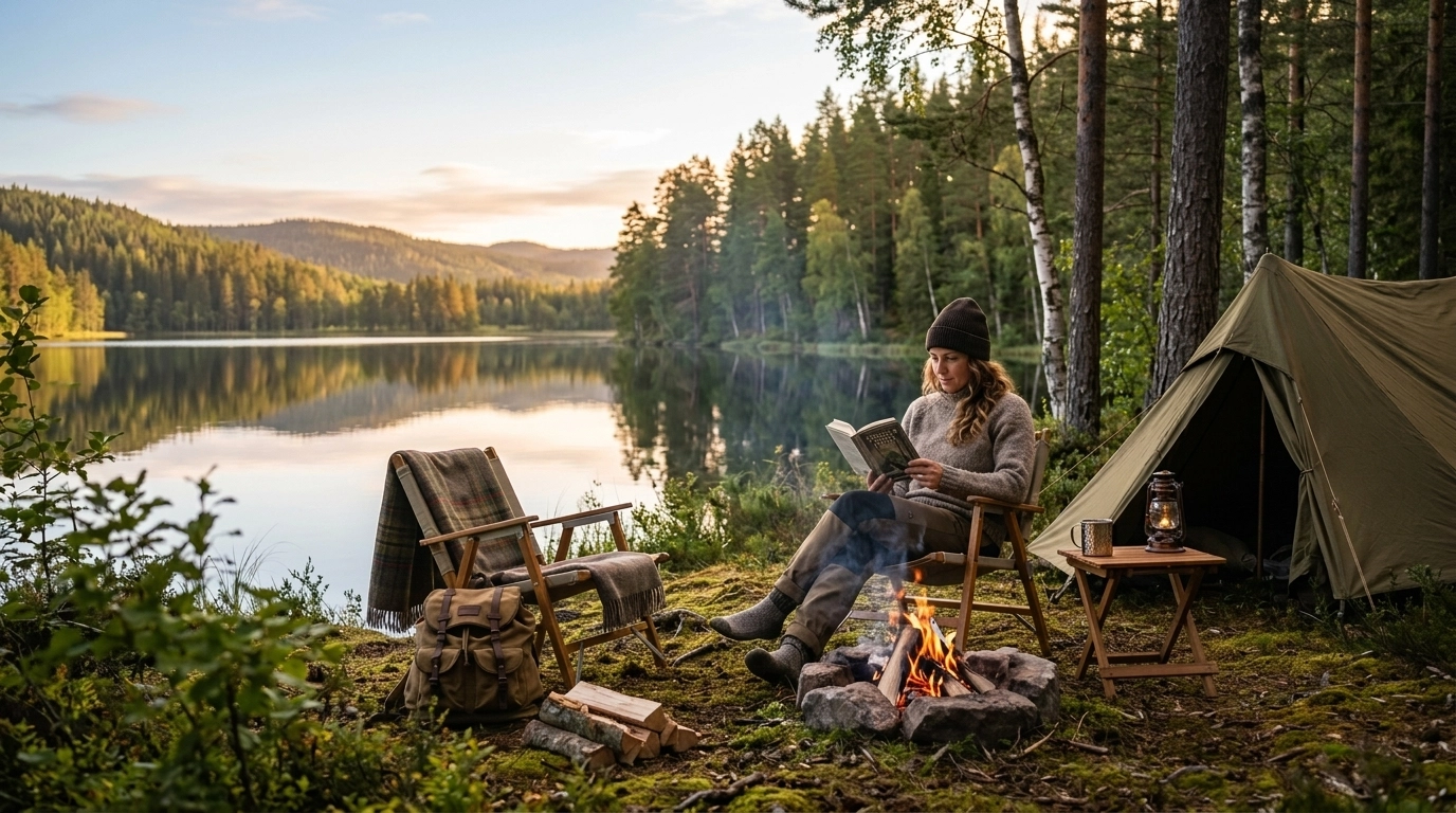 A peaceful camper relaxing in a comfortable chair by a calm lakeside fire, holding a physical book in soft natural light.