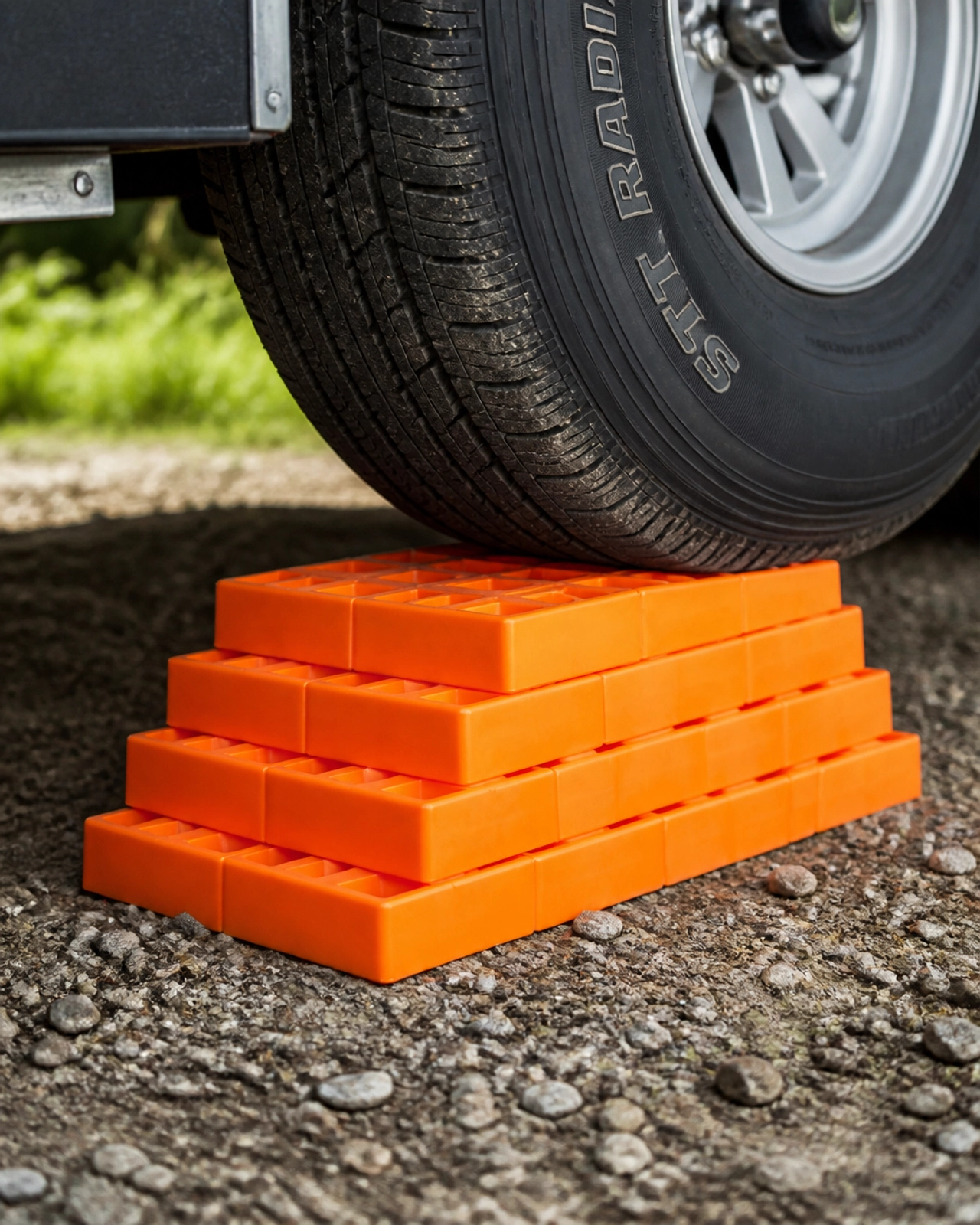Orange leveling blocks stacked under an RV tire