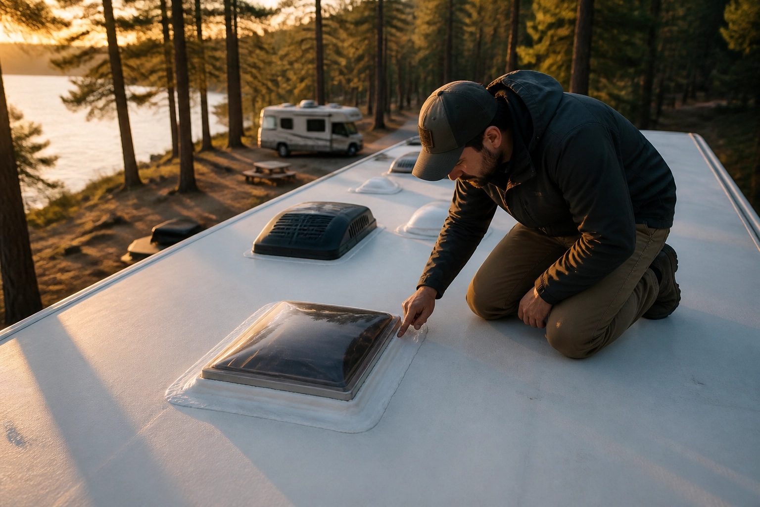 RV owner inspecting white lap sealant around a rooftop skylight for preventative maintenance.