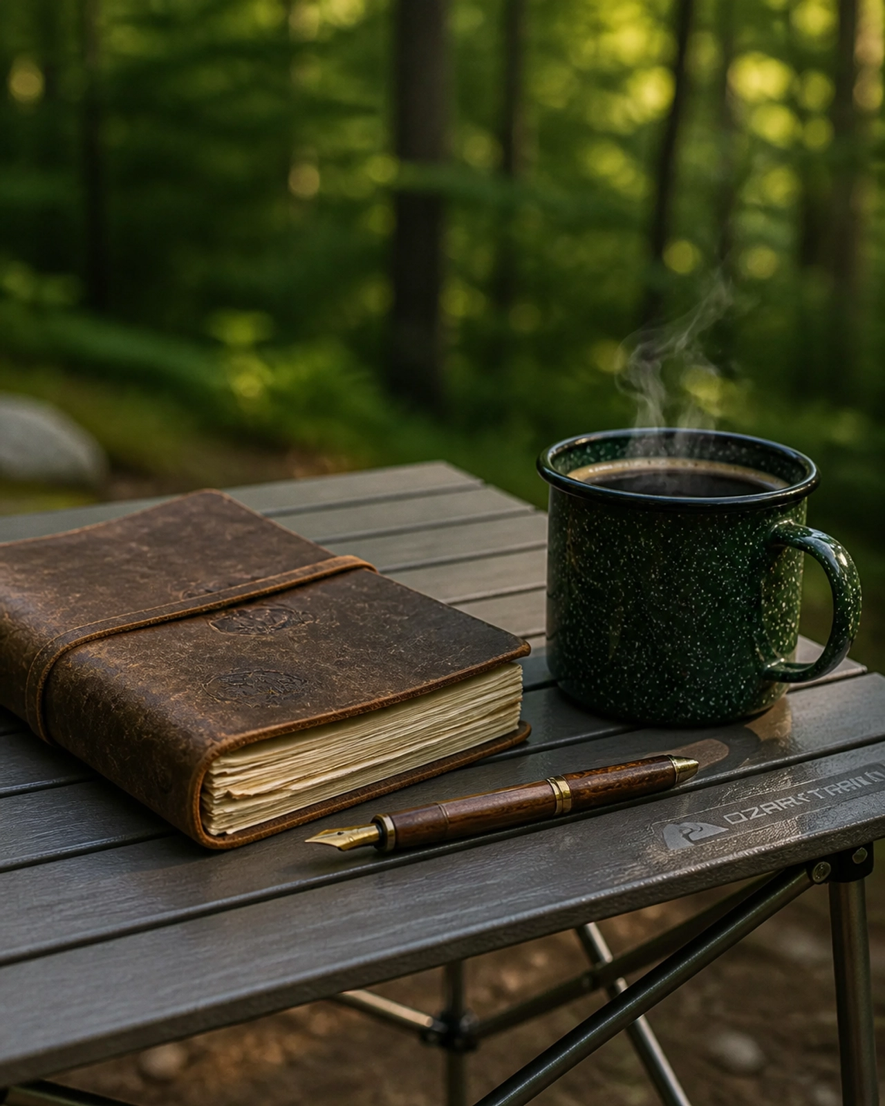 A close-up of a wooden camping table with a physical journal, a pen, and a warm mug of coffee against a forest backdrop.