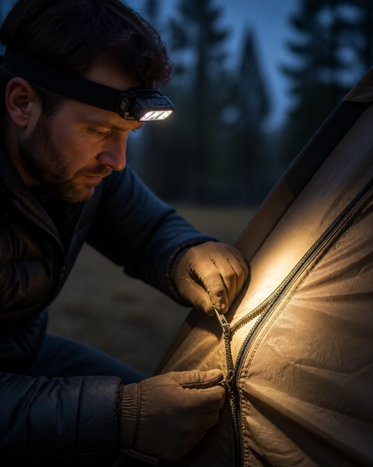 A camper using a headlamp to illuminate a tent zipper at dusk