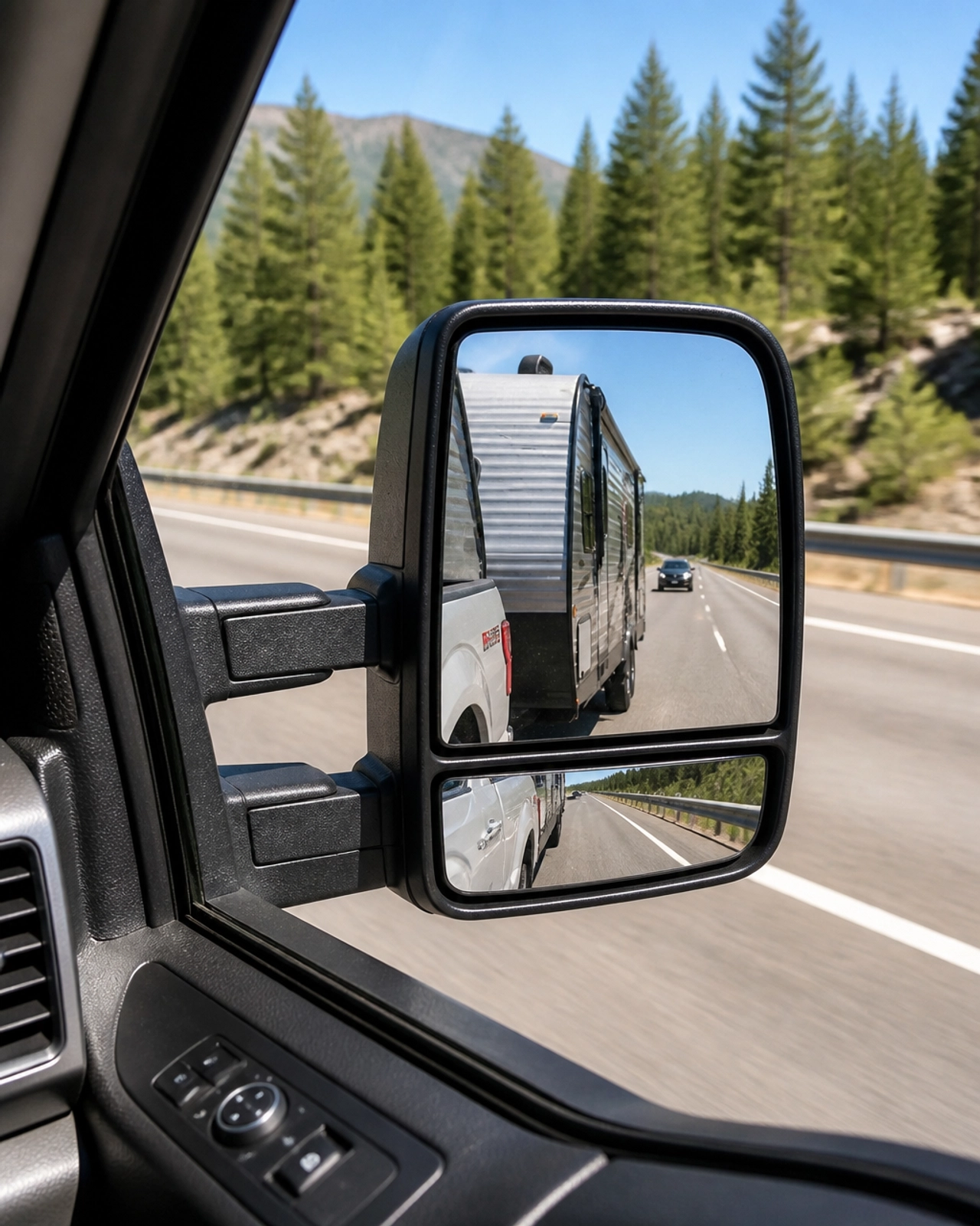 View from the driver's seat into a towing mirror