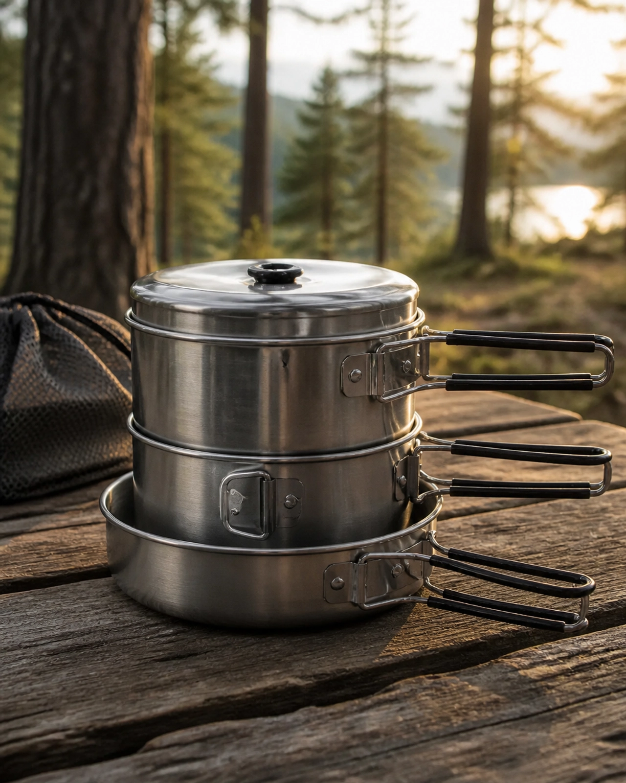 A high-resolution, close-up photograph of a compact, nesting camping cookware set stacked neatly on a wooden table.