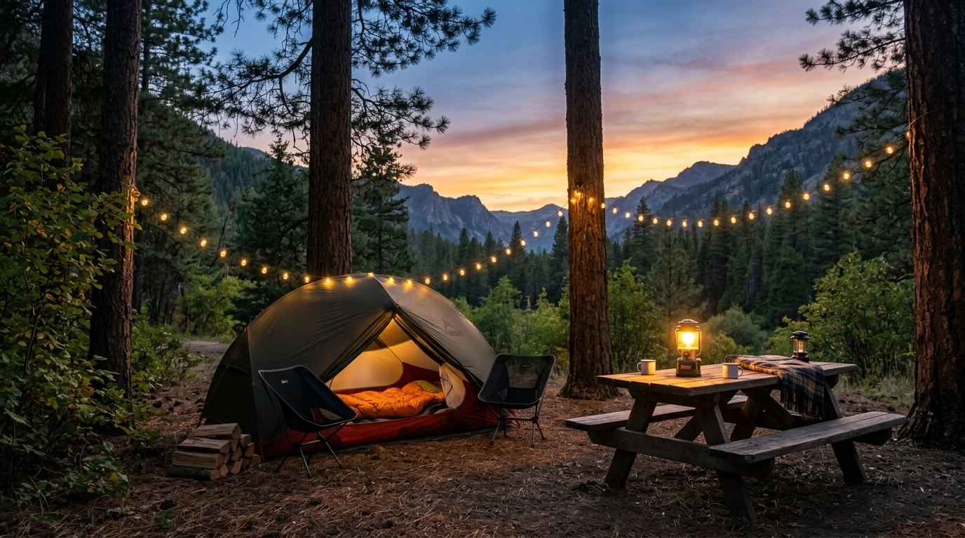 High-quality hero image of a cozy campsite at dusk with warm lantern light and string lights