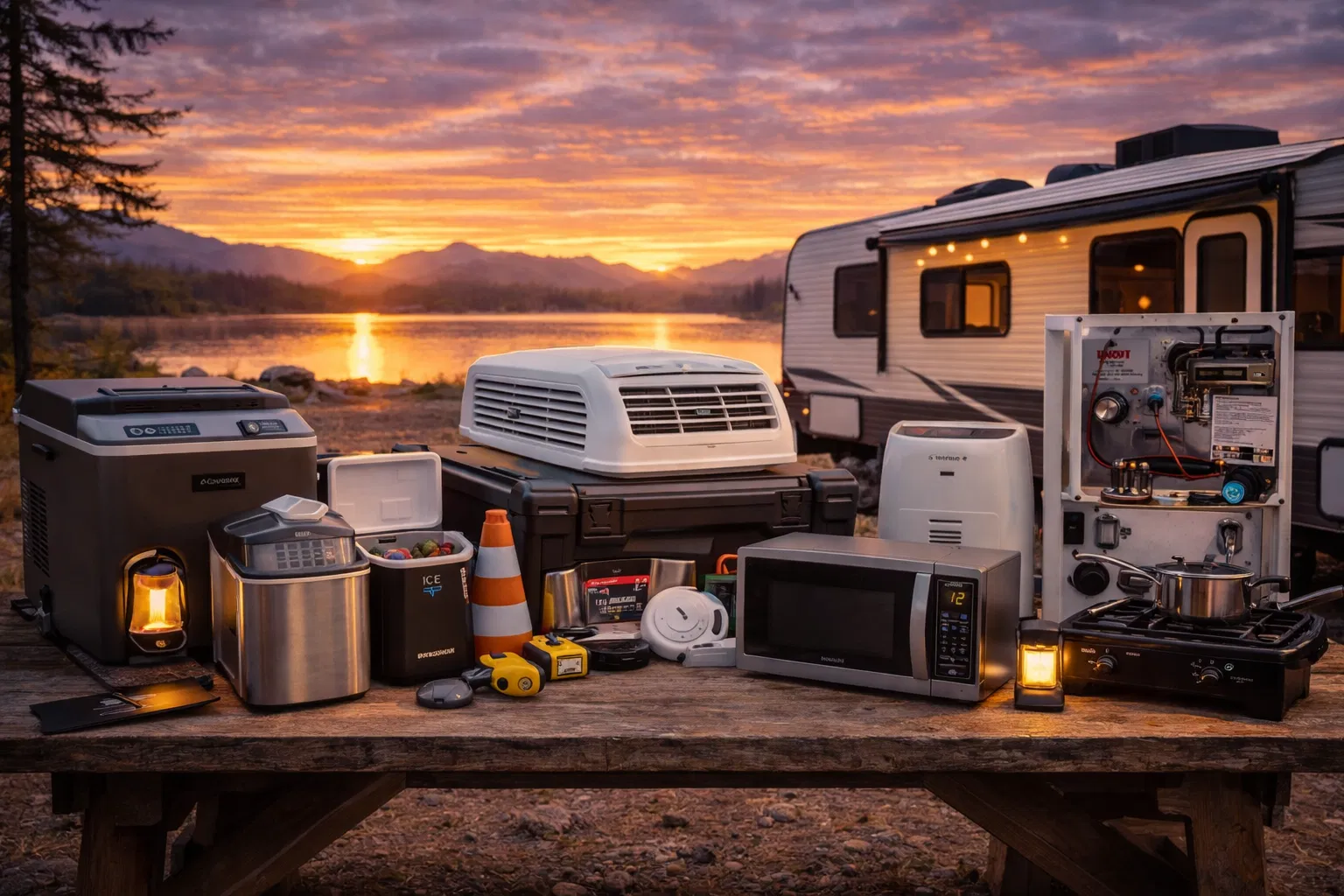 A display of essential camping appliances at a lakeside campsite, including a portable stove and lanterns.