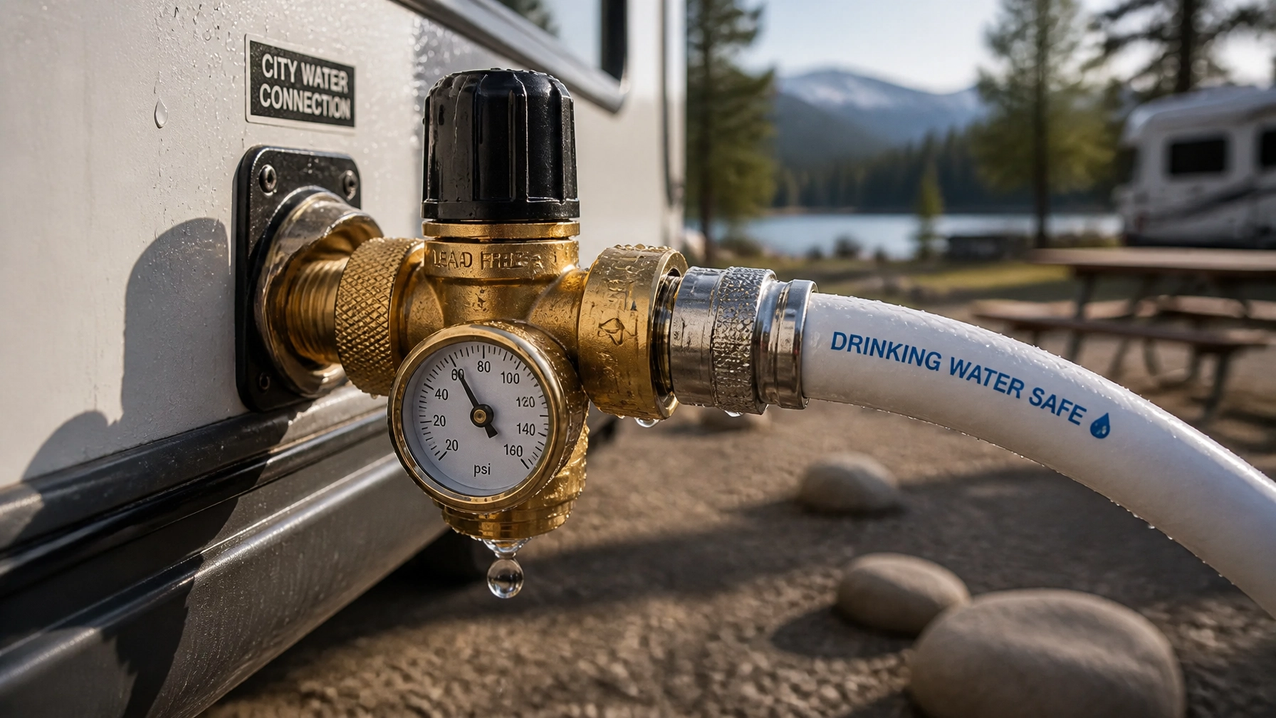Brass water pressure regulator with gauge