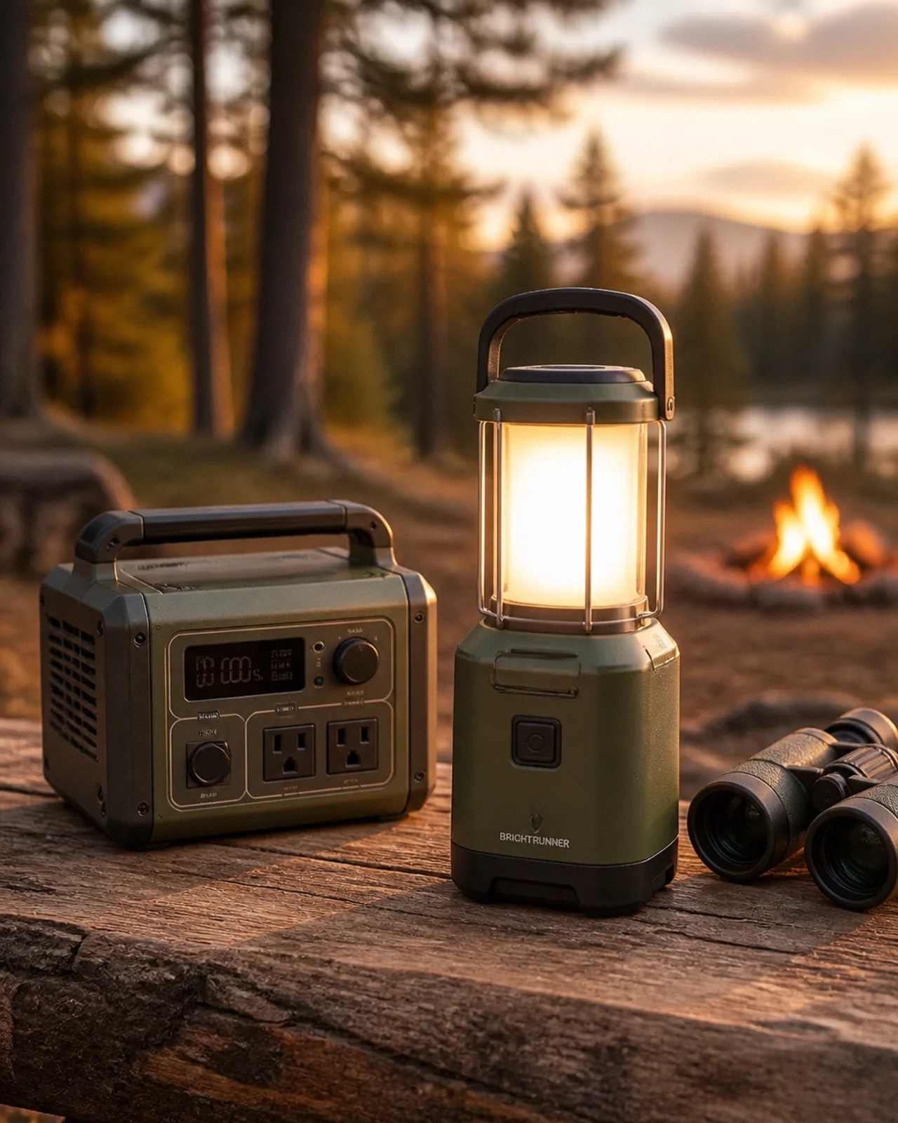 A modern LED lantern on a picnic table with camping gear
