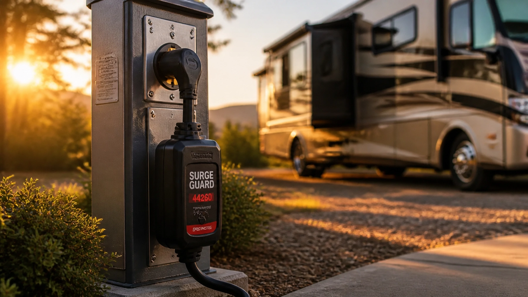 Premium RV surge protector at a campground pedestal