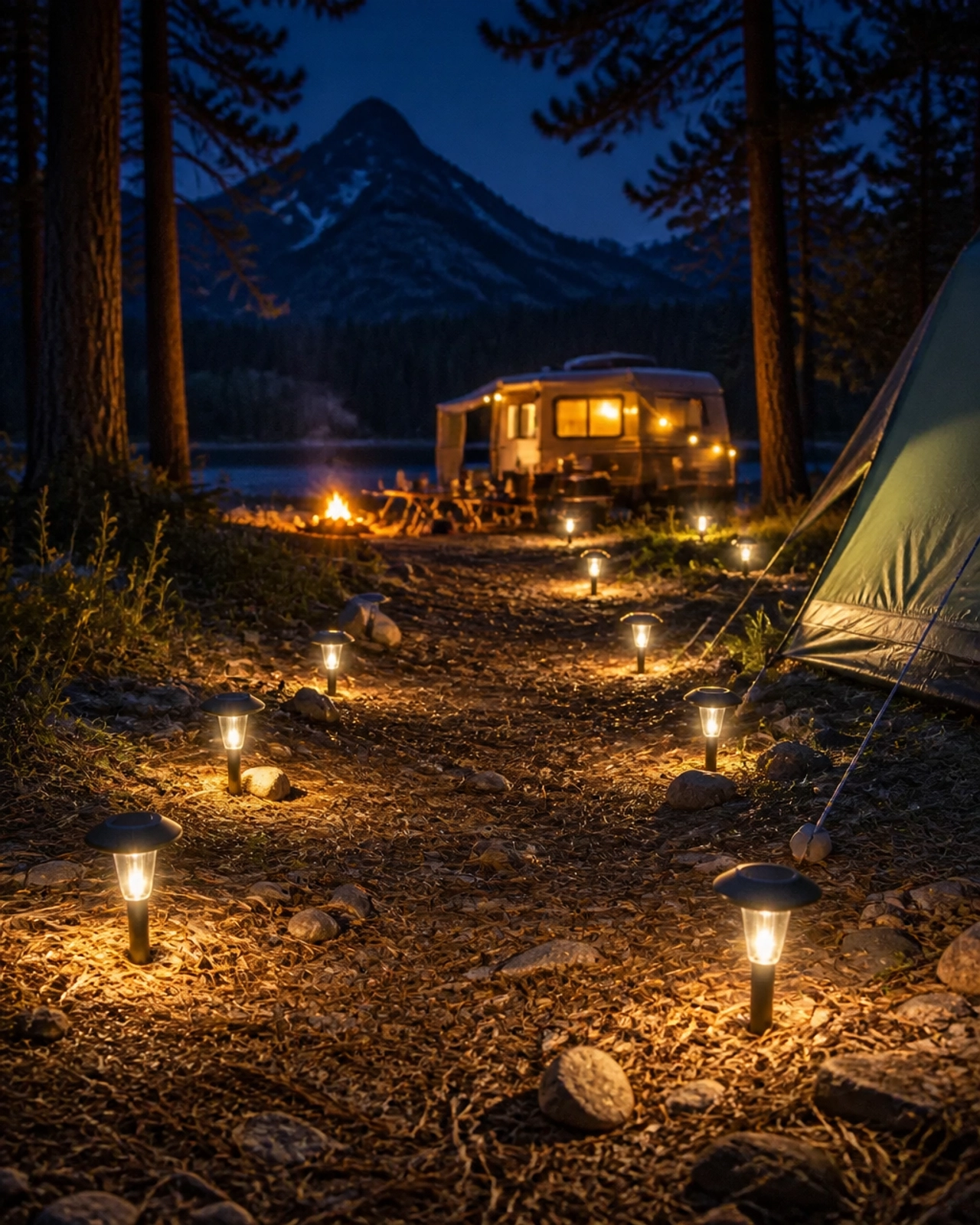 Solar pathway lights marking a trail toward a campsite