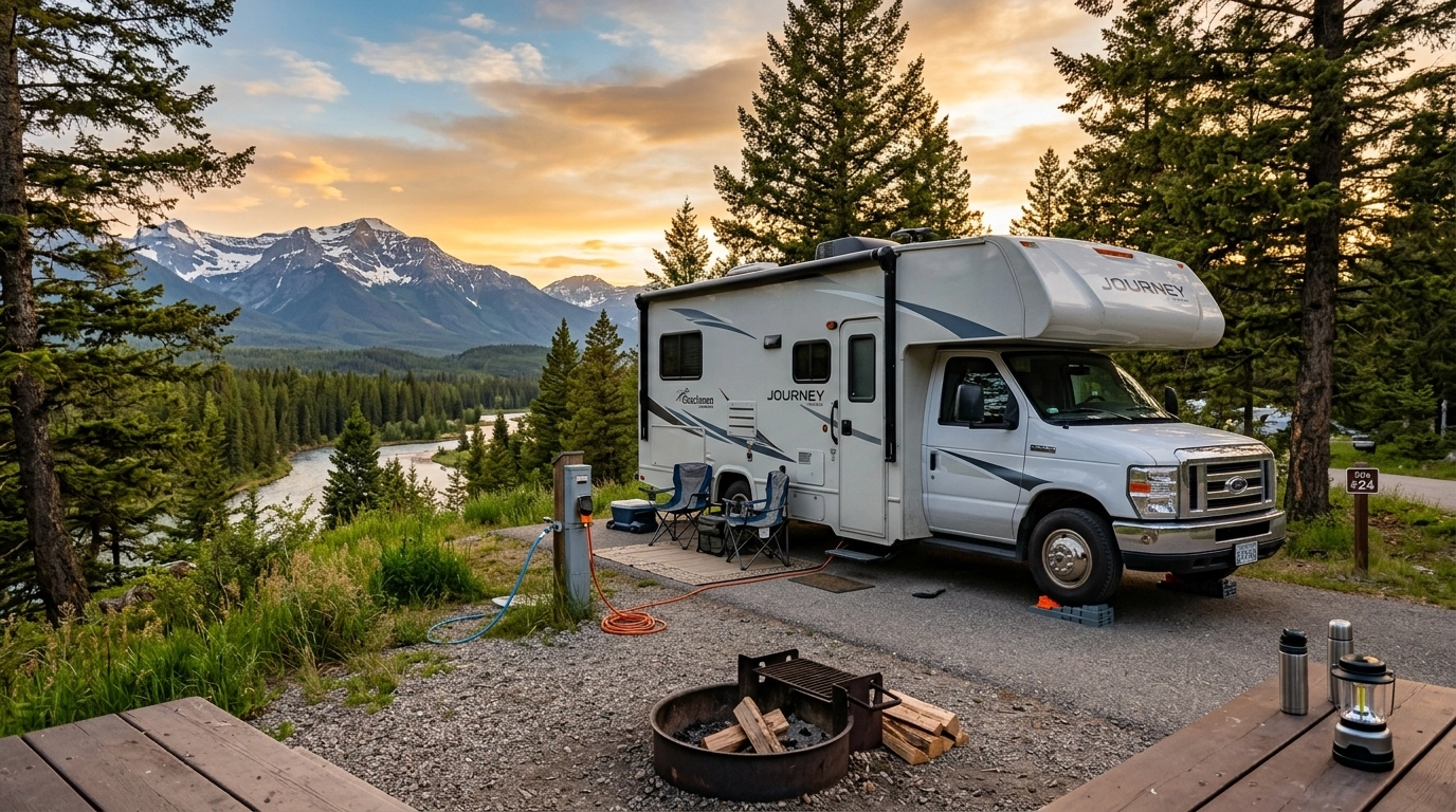 RV parked at a scenic campsite during golden hour with essential hookup gear nearby