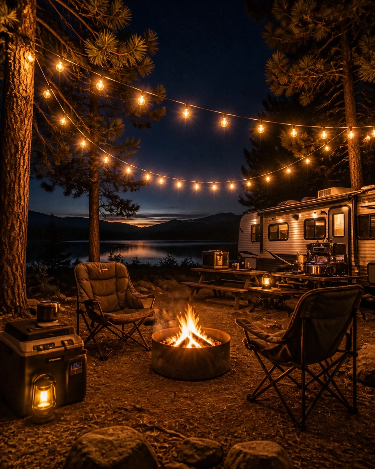 Campsite seating area with warm globe-style string lights