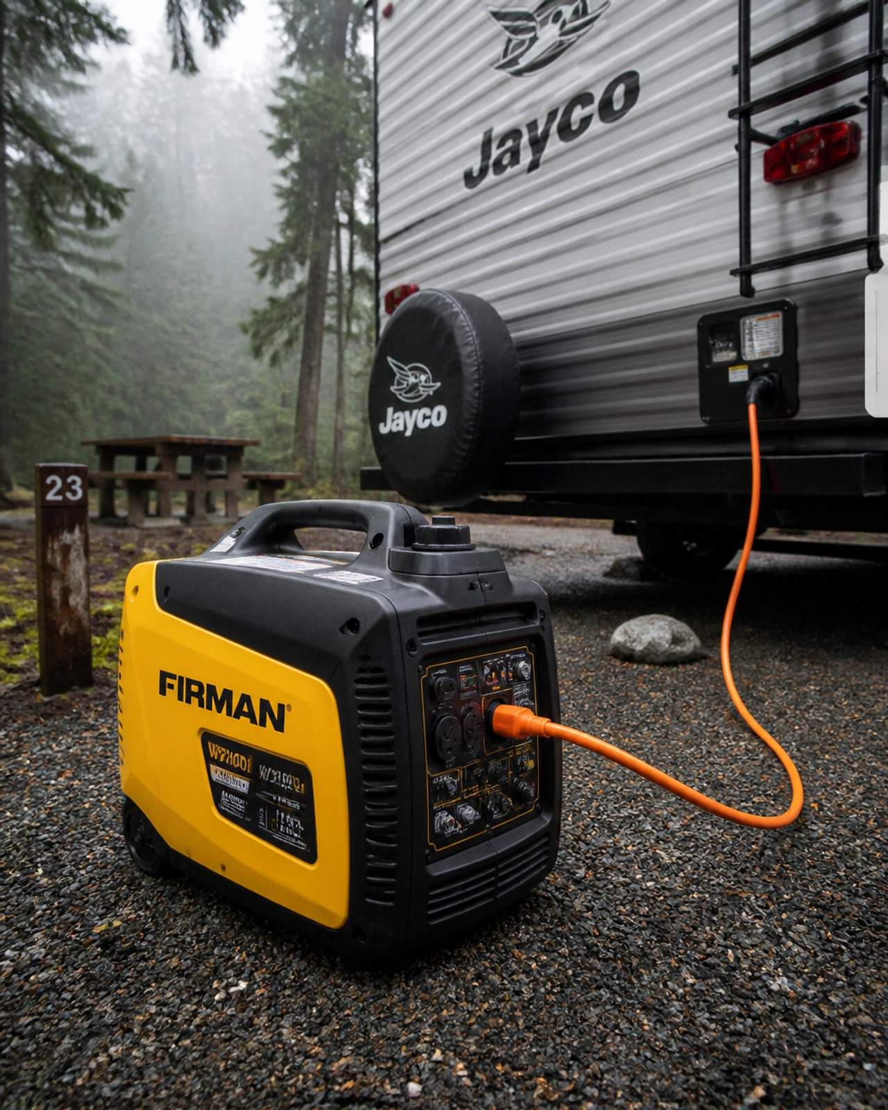 A Firman Inverter Portable Generator providing backup power at a misty forest campsite