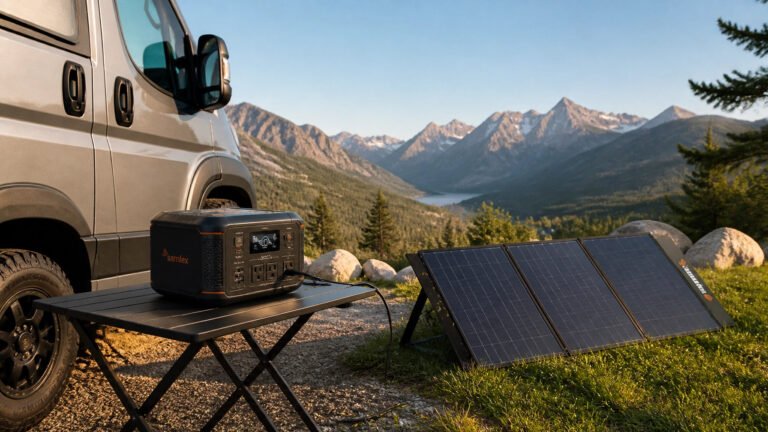 Portable power station charging at a roadside campsite