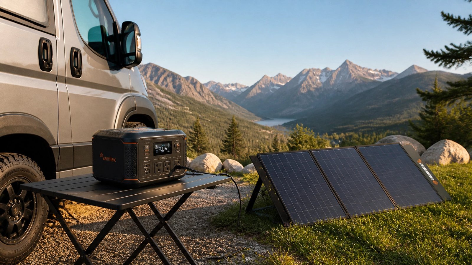 Portable power station charging at a roadside campsite