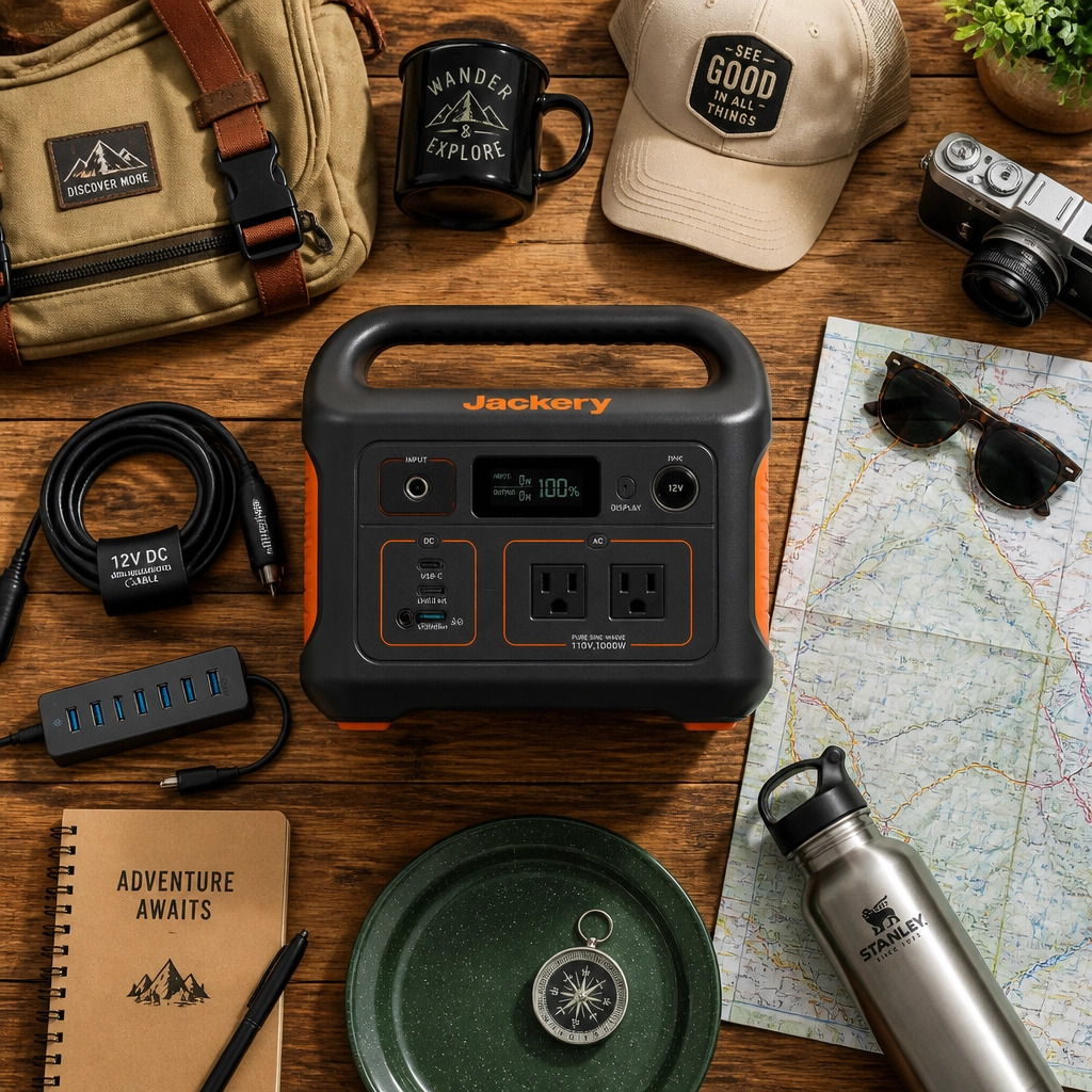 A flat lay of road trip essentials including a power station, cables, and a map