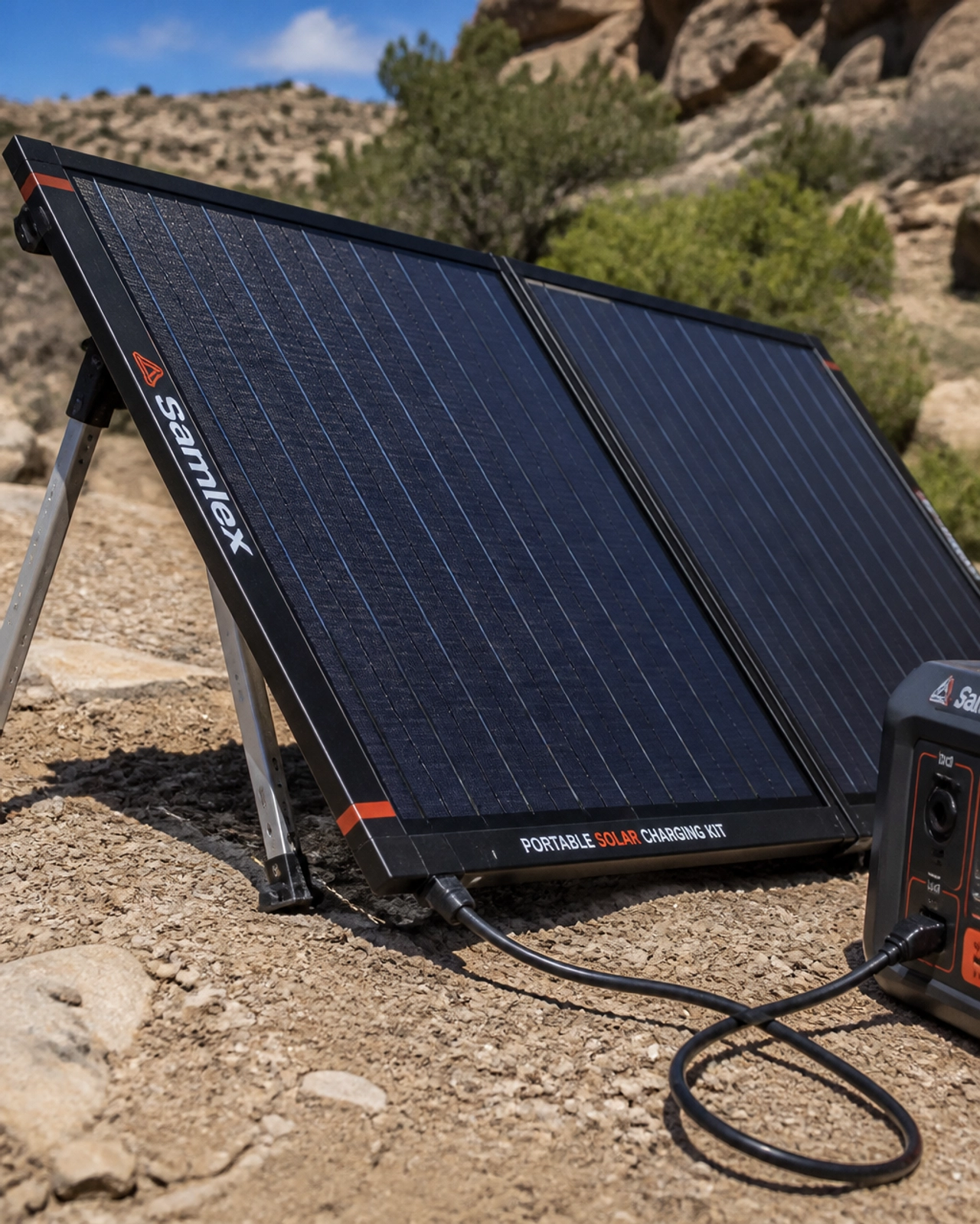 Close-up of the Samlex Portable Solar Charging Kit showing its rigid panels and adjustable legs