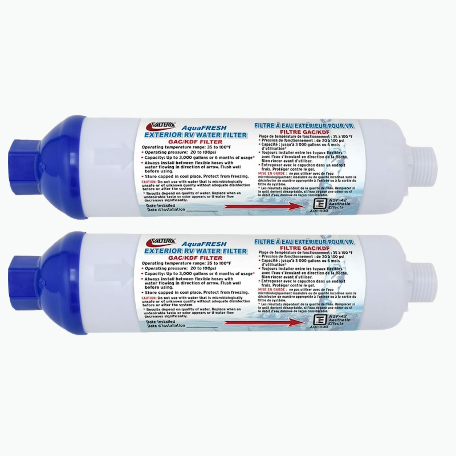 AquaFRESH Inline RV Water Filter - GAC/KDF, 2-Pack - Valterra / Dometic