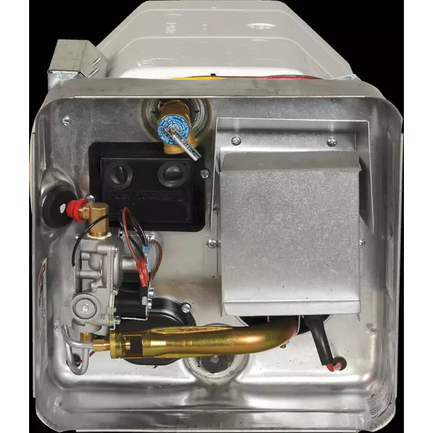 Suburban RV water heater installed in a camper access panel