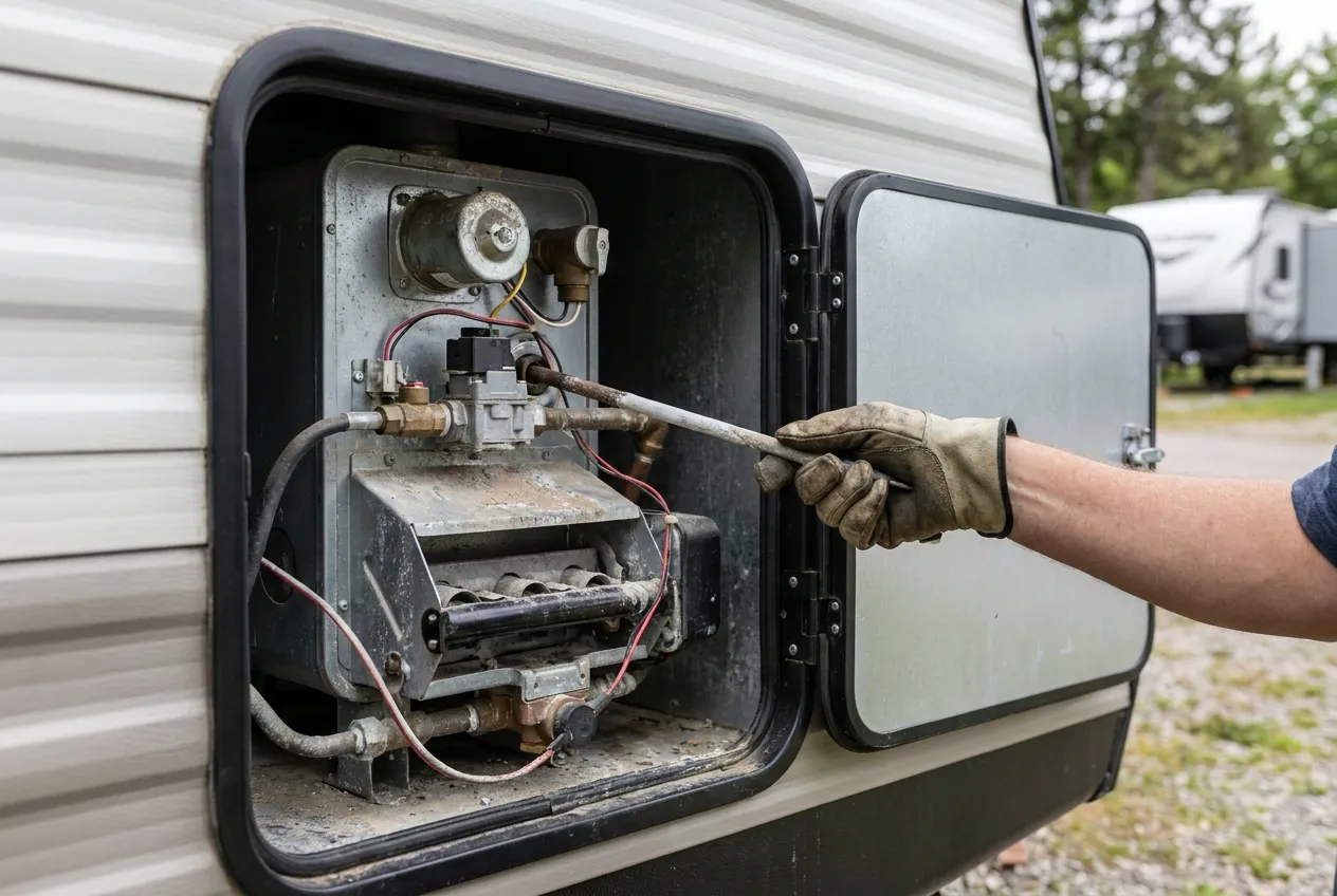 RV water heater with the access panel open