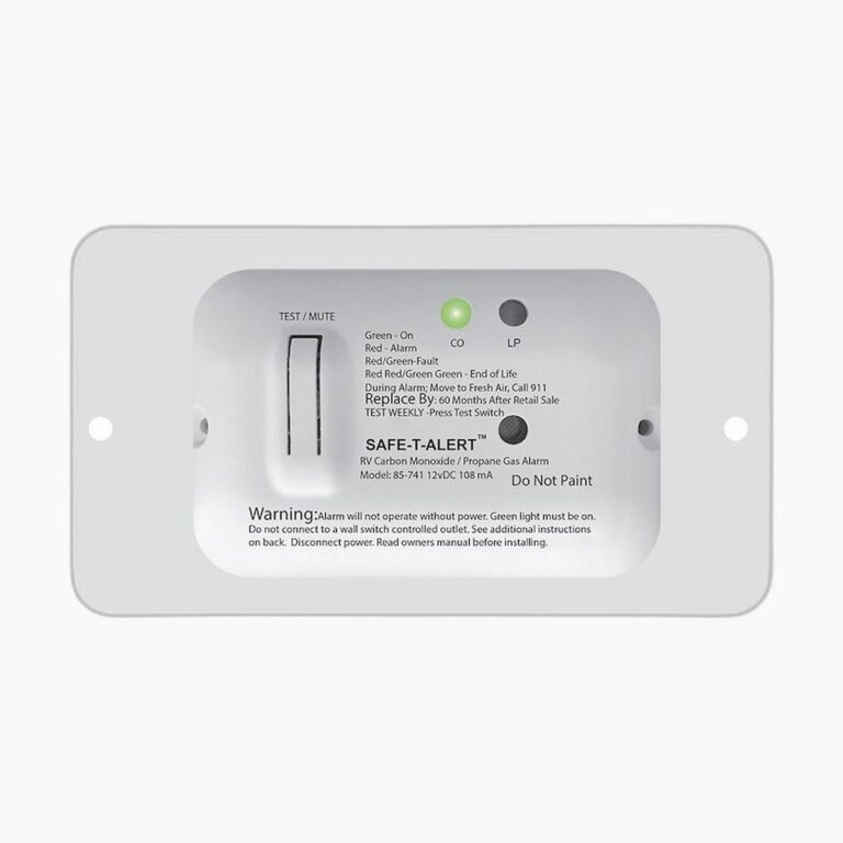 Safe-T-Alert RV propane and carbon monoxide alarm wall unit showing CO and LP indicator lights